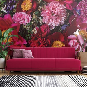 Viva Magenta Peony Wall Mural, Vibrant Floral Photo Wallpaper • Peel and Stick *self adhesive* or Non-Pasted Vinyl Materials •