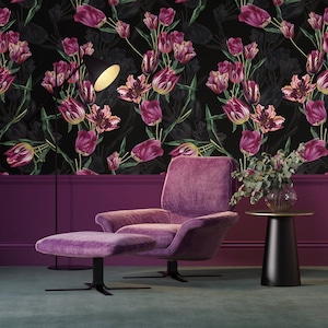 Carta da parati con motivo tulipano olandese magenta scuro, elegante motivo floreale rosa | Autoadesivo | Stacca e attacca | Rimovibile