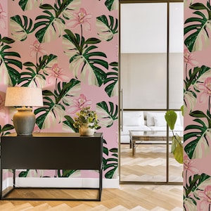 Monstera Leaves & Exotic Flowers Pink Tropical Wallpaper • Peel and Stick *self adhesive* or Non-Pasted Vinyl Materials •