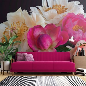 Peony bouquet wallpaper, fresh white and pink peonies wall mural | Self Adhesive | Peel & Stick | Removable Wallpaper