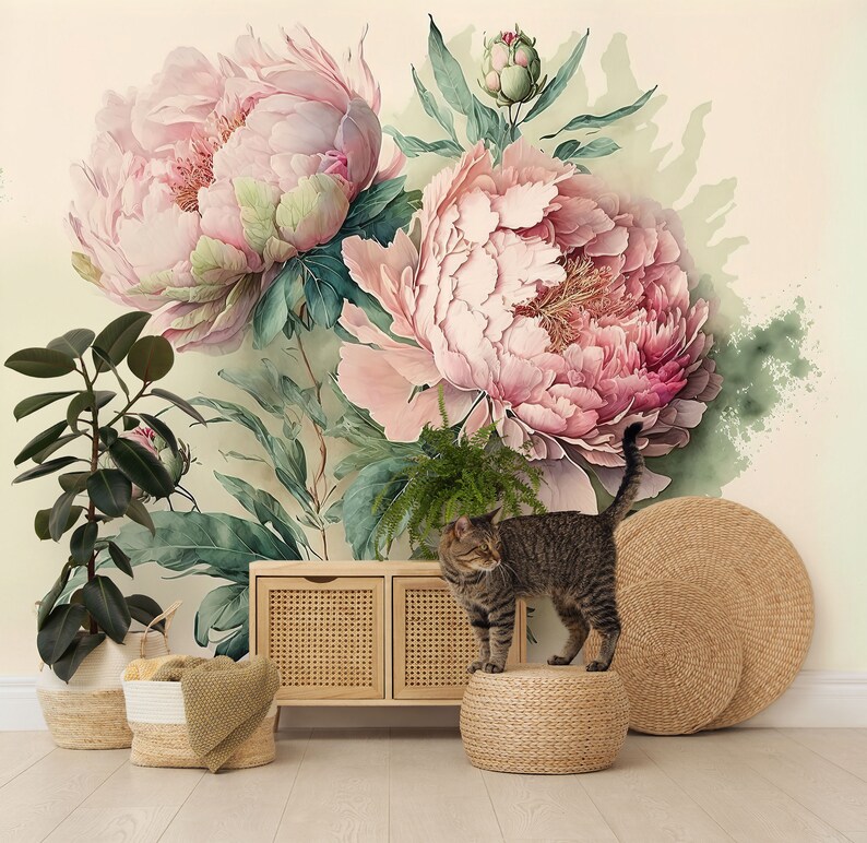 Pink Peony Flowers Wallpaper, Big Pink Floral Wall Mural • Peel and ...