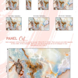 May include: A size preview chart for marble-patterned wallpaper featuring various dimensions in inches and centimeters. The image displays multiple rectangular samples and a large panel cut diagram showing a 300cm by 200cm section with vertical lines.