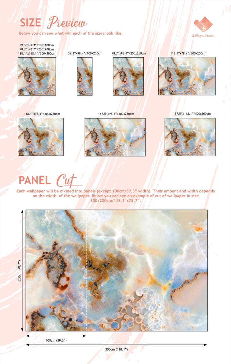 May include: A size preview chart for marble-patterned wallpaper featuring various dimensions in inches and centimeters. The image displays multiple rectangular samples and a large panel cut diagram showing a 300cm by 200cm section with vertical lines.