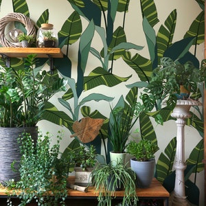 Green banana leaf abstract tropical pattern wallpaper | Self Adhesive | Peel and Stick | Removable Wallpaper