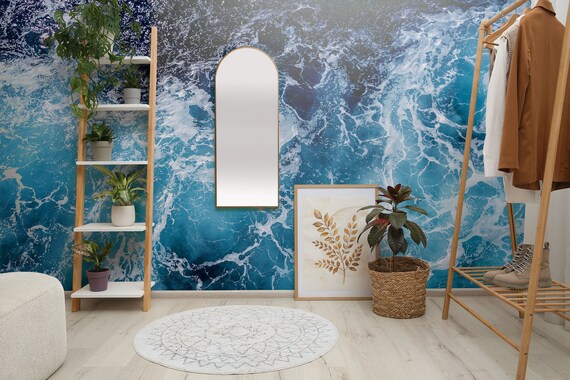 Blue sea waves wallpaper, ocean seen from above, sea foam, marine mural | Self Adhesive | Peel and Stick | Removable