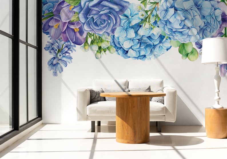 Hanging Flowers Wallpaper, Blue and Purple Rose, Hydrangea and Crocus ...