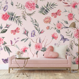Pink Rose and Butterfly Wall Mural, Pink Blooming Branches Wallpaper • Peel and Stick *self adhesive* or Non-Pasted Vinyl Materials •