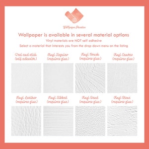 Puede incluir: Un gr&aacute;fico que muestra diferentes opciones de material de papel tapiz de vinilo. Las opciones incluyen Peel and Stick (autoadhesivo), Vinyl Regular (requiere pegamento), Vinyl Brush (requiere pegamento), Vinyl Canvas (requiere pegamento), Vinyl Leather (requiere pegamento), Vinyl Ribbed (requiere pegamento), Vinyl Sand (requiere pegamento) y Vinyl Stone (requiere pegamento).