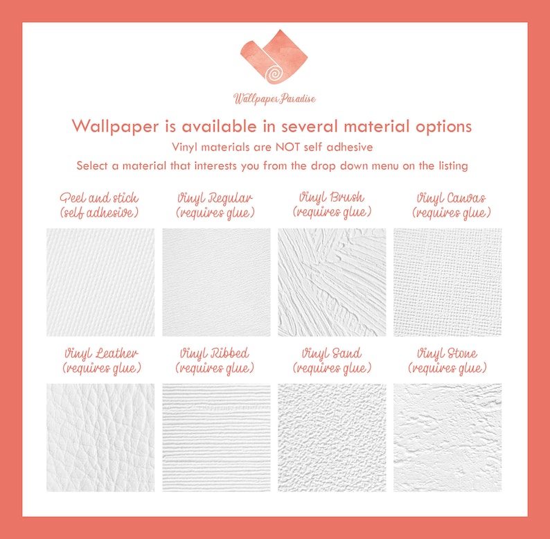 Puede incluir: Un gr&aacute;fico que muestra diferentes opciones de material de papel tapiz de vinilo. Las opciones incluyen Peel and Stick (autoadhesivo), Vinyl Regular (requiere pegamento), Vinyl Brush (requiere pegamento), Vinyl Canvas (requiere pegamento), Vinyl Leather (requiere pegamento), Vinyl Ribbed (requiere pegamento), Vinyl Sand (requiere pegamento) y Vinyl Stone (requiere pegamento).