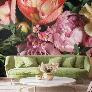 Bouquet di fiori freschi e vivaci, carta da parati fotografica colorata peonia, rosa e tulipano | Autoadesivo | Stacca e attacca | Rimovibile