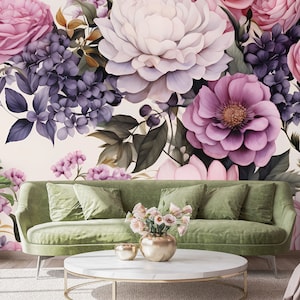 Beautiful Pink & Purple Floral Wall Mural, Botanical Wallpaper • Peel and Stick *self adhesive* or Non-Pasted Vinyl Materials •