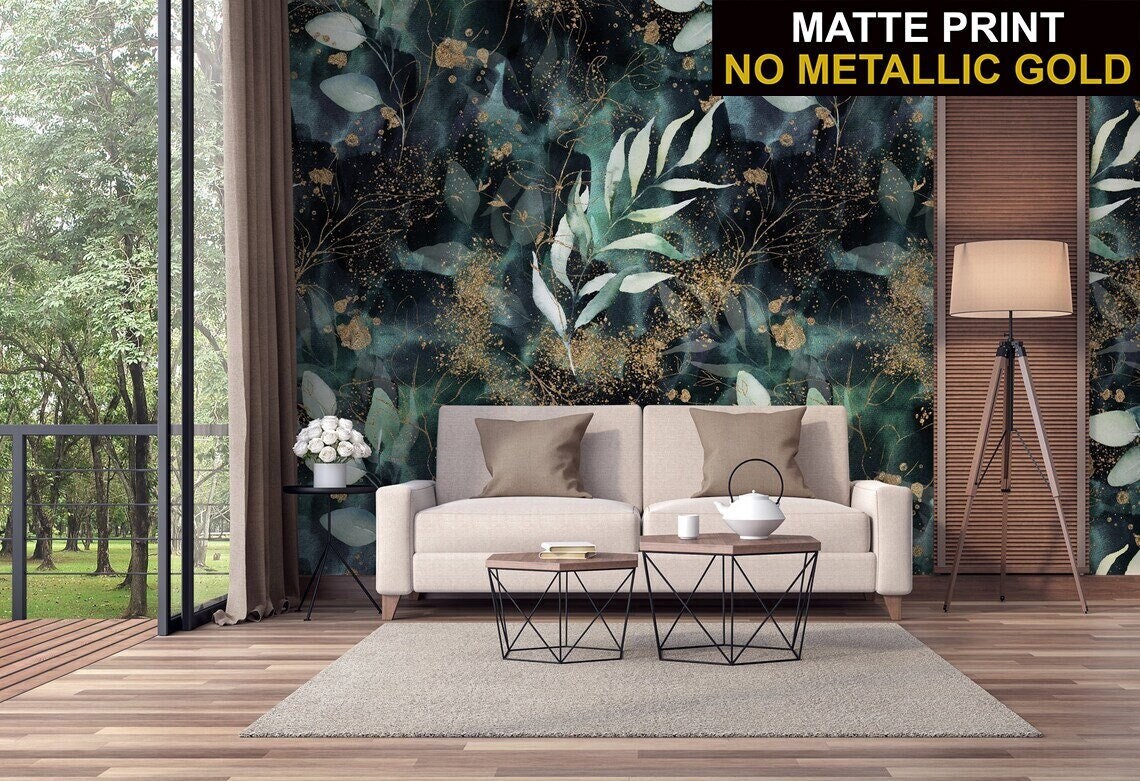 Tapete mit dunklen Aquarellblättern (keine metallischen Effekte) | Selbstklebend | Abziehen und aufkleben | Abnehmbar