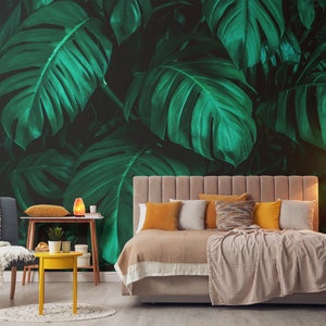 Green monstera leaves wall mural, dark jungle wallpaper | Self Adhesive | Peel & Stick | Removable