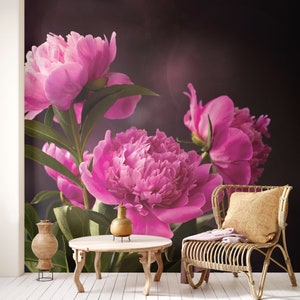 Dark pink peony flowers photo wallpaper | Self Adhesive | Peel & Stick | Removable