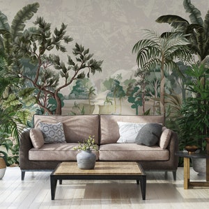 Jungle landscape wallpaper, river and palm trees | Self Adhesive | Peel and Stick | Removable Wallpaper