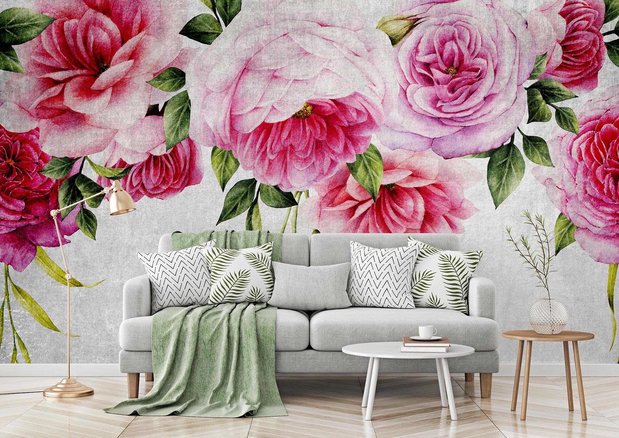 Pink Roses Light Concrete Wallpaper, Rose Print, Floral Wall Mural ...