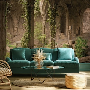 Dark Ancient Underground Ruins Wallpaper II, Old Columns Covered With Ivy • Peel and Stick *self adhesive* or Non-Pasted Vinyl Materials •