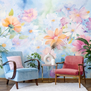 Dreamy Floral Wallpaper, Colorful Flowers Wall Mural • Peel and Stick *self adhesive* or Non-Pasted Vinyl Materials •