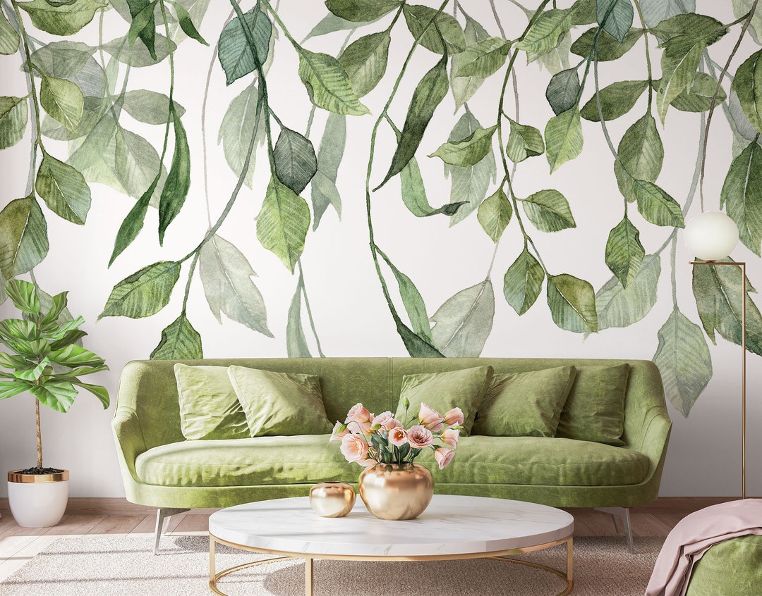 Watercolor Green Hanging Leaves Wallpaper With White Background Self