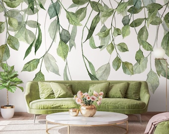 Watercolor green hanging leaves wallpaper with white background | Self Adhesive | Peel & Stick | Removable Wallpaper