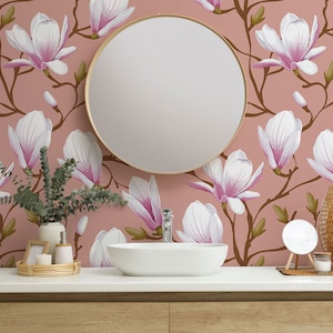 Pink Magnolia Flower Wallpaper, Pink Blossom Wallpaper, Floral Pattern • Peel and Stick *self adhesive* or Non-Pasted Vinyl Materials •