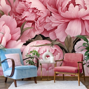 Big Pink Peonies Wall Mural, Pink Floral Wallpaper, Peony Print • Peel ...