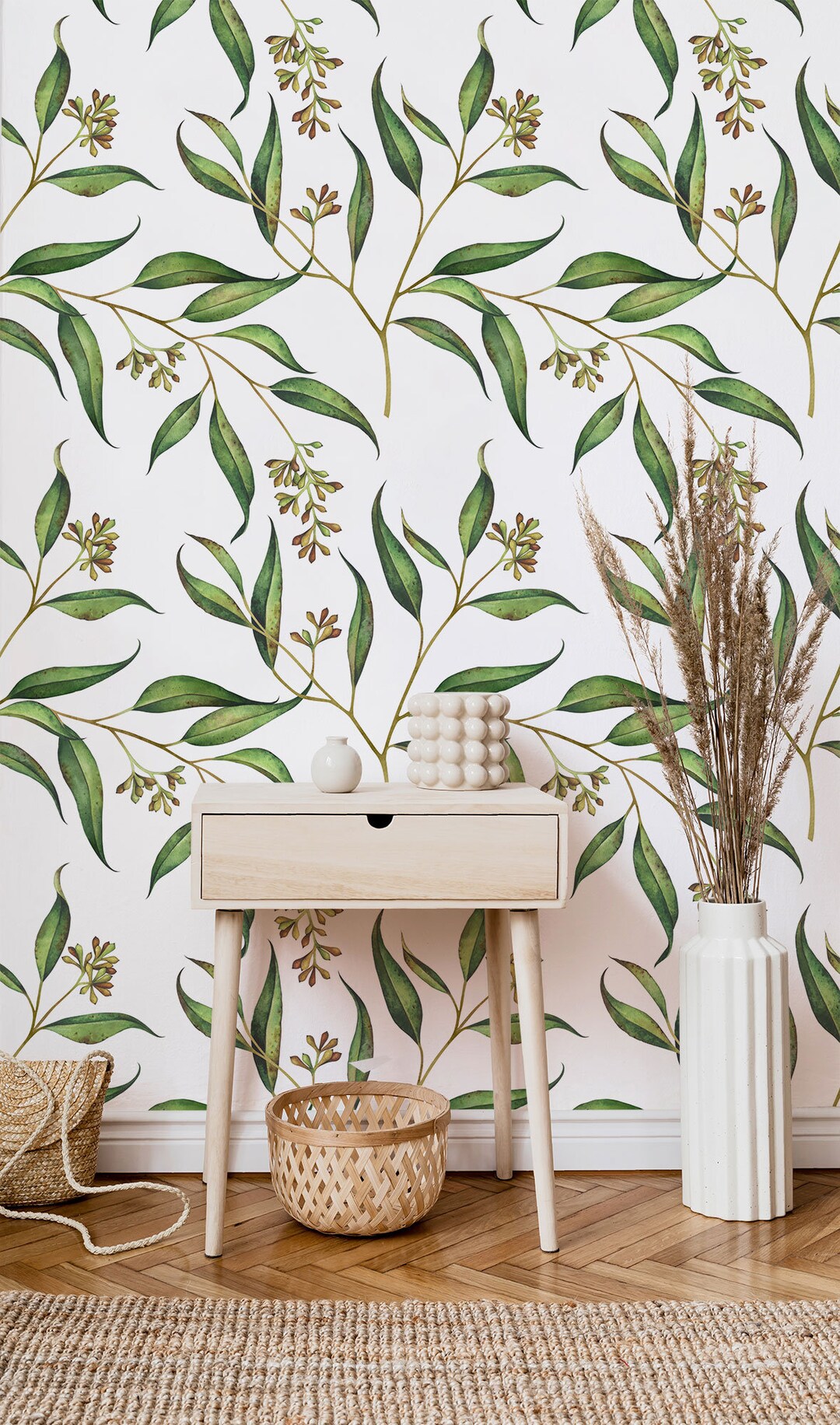 White Wallpaper With Green Leaf Motive Self Adhesive Peel & Stick