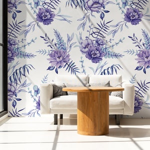 Carta da parati ad acquerello con fiori viola e blu, decorazione murale floreale, stampa botanica Autoadesivo Stacca e attacca Rimovibile immagine 3