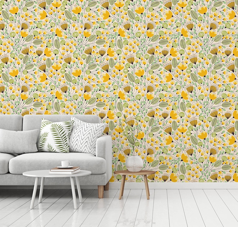 Yellow Flowers Vector Wallpaper Self Adhesive Peel & Stick - Etsy