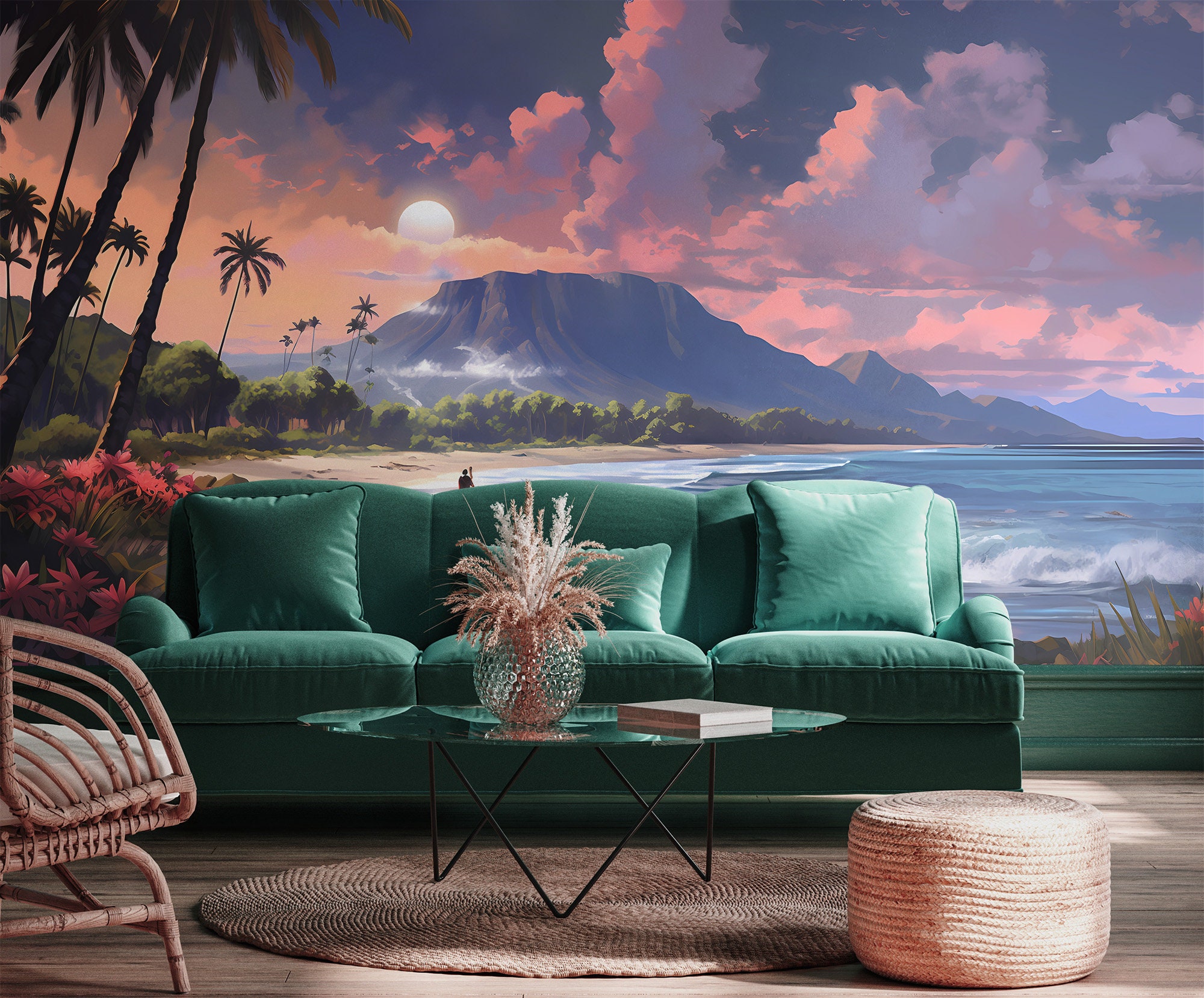 Volcano Paradise Island Abstract Wallpaper, Tropical Oil Painting Wall Mural• Peel and Stick *self adhesive* or Non-Pasted Vinyl Materials •