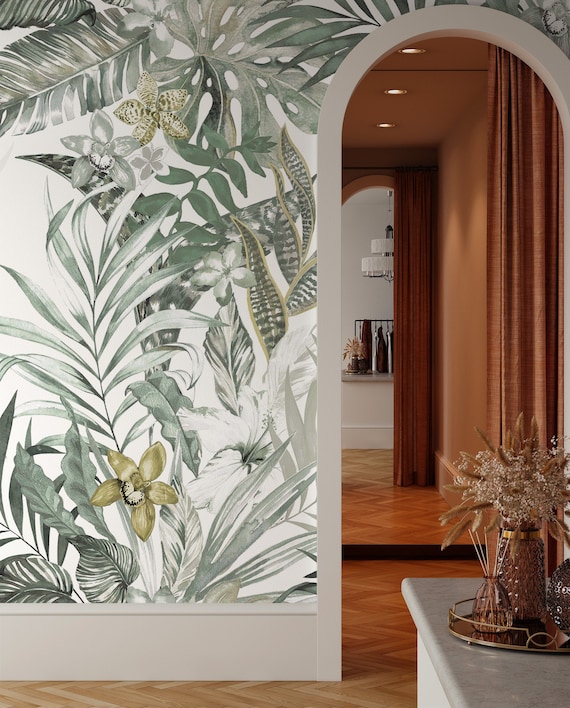 Faded Green Tropical Leaves Wallpaper, Exotic Wall Mural • Peel and Stick *self adhesive* or Non-Pasted Vinyl Materials •