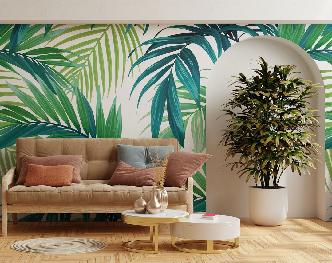 Tropical Green & Blue Leaves Wallpaper, Palm Leaf Wall Mural • Peel and ...