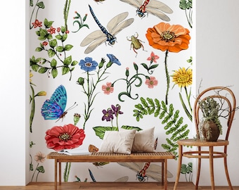 Vit tapet med blommor, trollsländor och fjärilar | Självhäftande | Dra av och klistra | Avtagbar