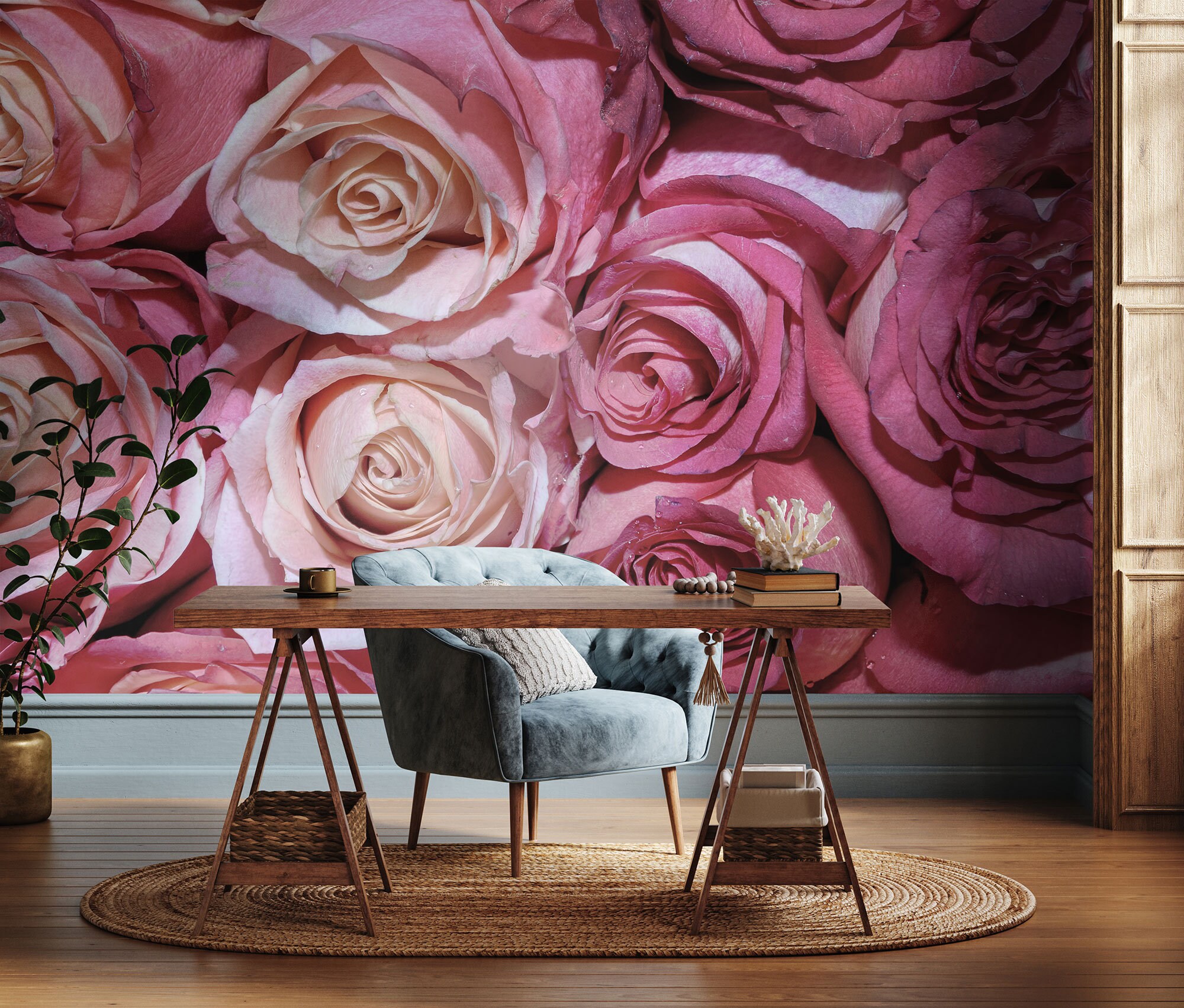 Dark Pink Rose Flowers Vintage Wallpaper, Pink Floral Wall Mural • Peel ...