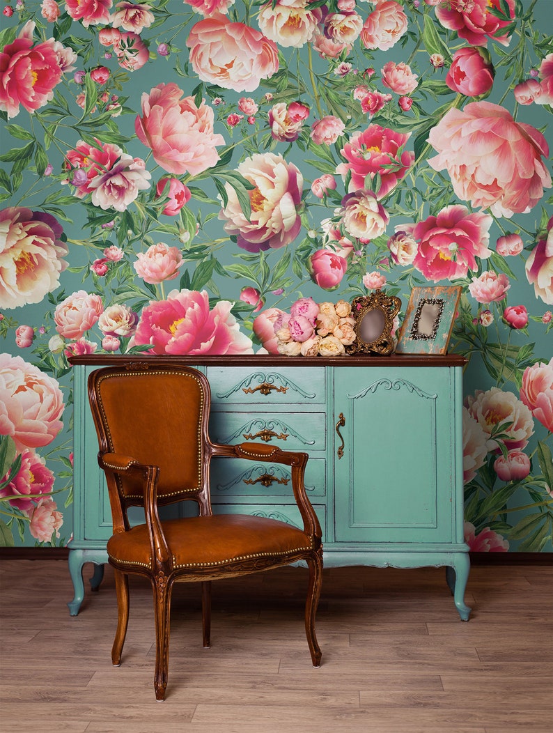 Teal Wallpaper With Pink Peony Pattern, Vintage Flowers Mural | Self ...