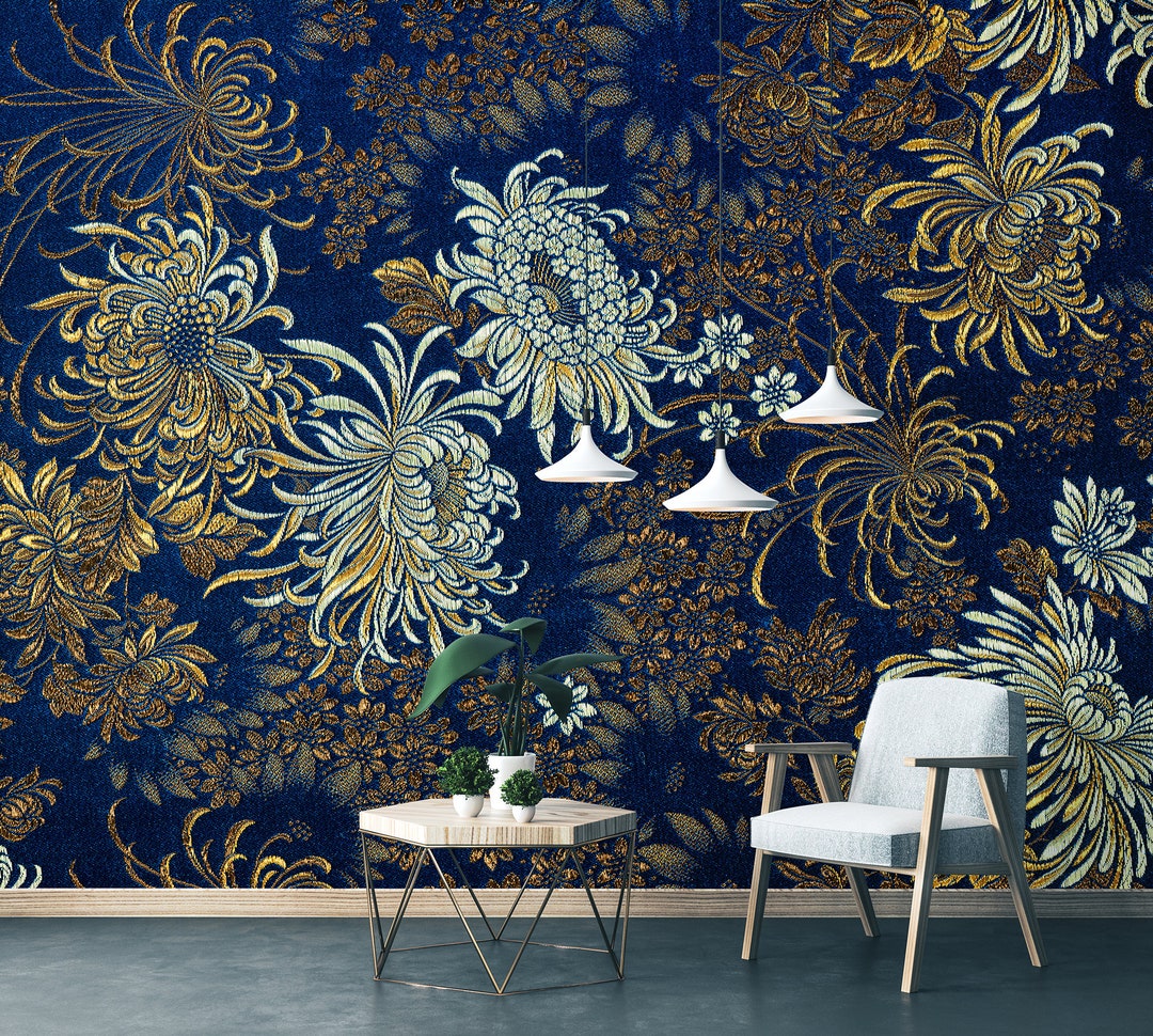 Dark Blue Chinese Theme Floral Wallpaper Self Adhesive - Etsy