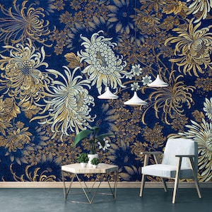 Dunkelblaue Blumentapete mit chinesischem Motiv | Selbstklebend | Abziehen und aufkleben | Abnehmbar