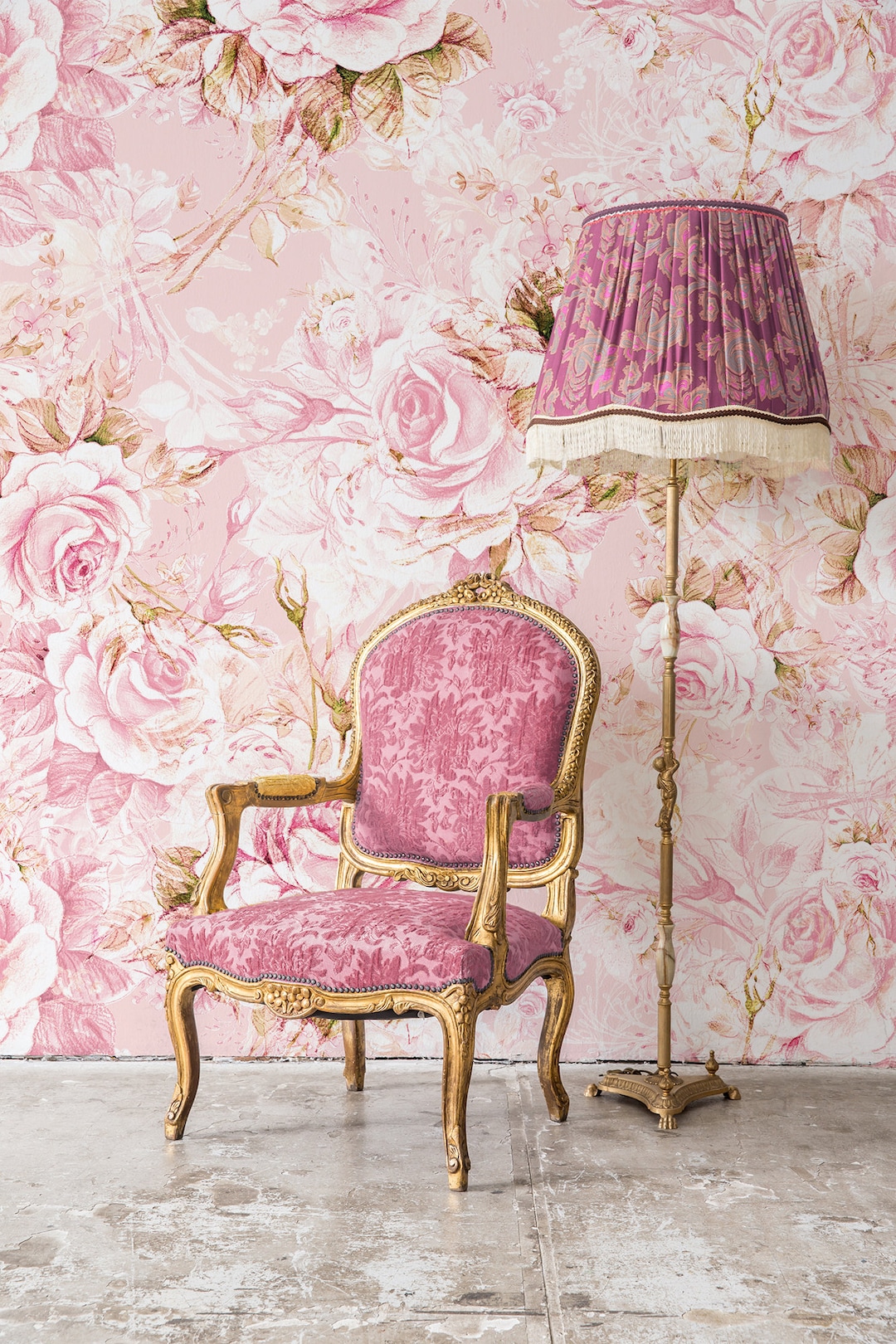 Light Delicate Pink Mural With Rose Motive | Self Adhesive | Peel ...