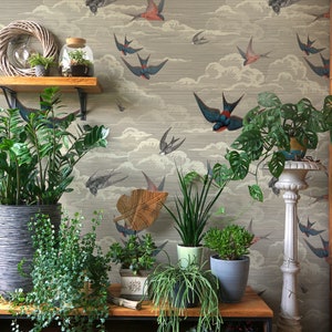 Vintage Beige Swallow Bird Wallpaper, Sky & Flying Birds Wall Mural • Peel and Stick *self adhesive* or Non-Pasted Vinyl Materials •