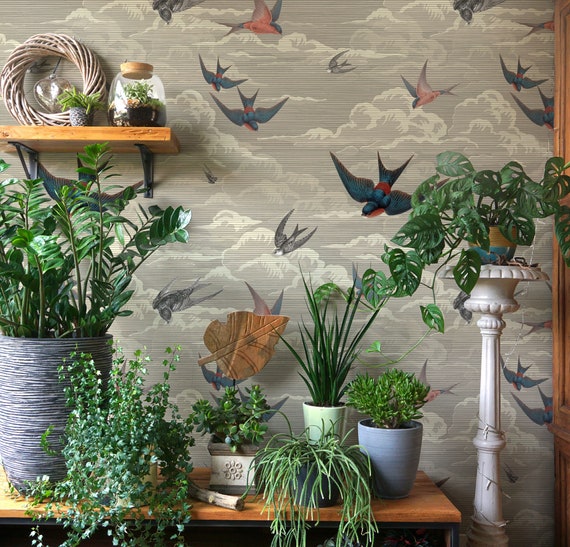 Vintage Beige Swallow Bird Wallpaper, Sky & Flying Birds Wall Mural • Peel and Stick *self adhesive* or Non-Pasted Vinyl Materials •