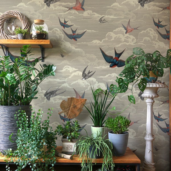 Vintage Beige Swallow Bird Wallpaper, Sky & Flying Birds Wall Mural • Peel and Stick *self adhesive* or Non-Pasted Vinyl Materials •