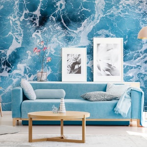 Blue sea waves wallpaper, ocean seen from above, sea foam, marine mural | Self Adhesive | Peel and Stick | Removable