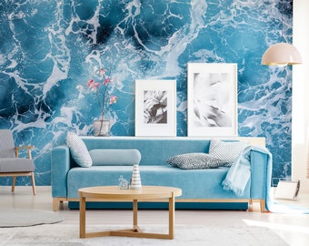 Blue sea waves wallpaper, ocean seen from above, sea foam, marine mural | Self Adhesive | Peel and Stick | Removable