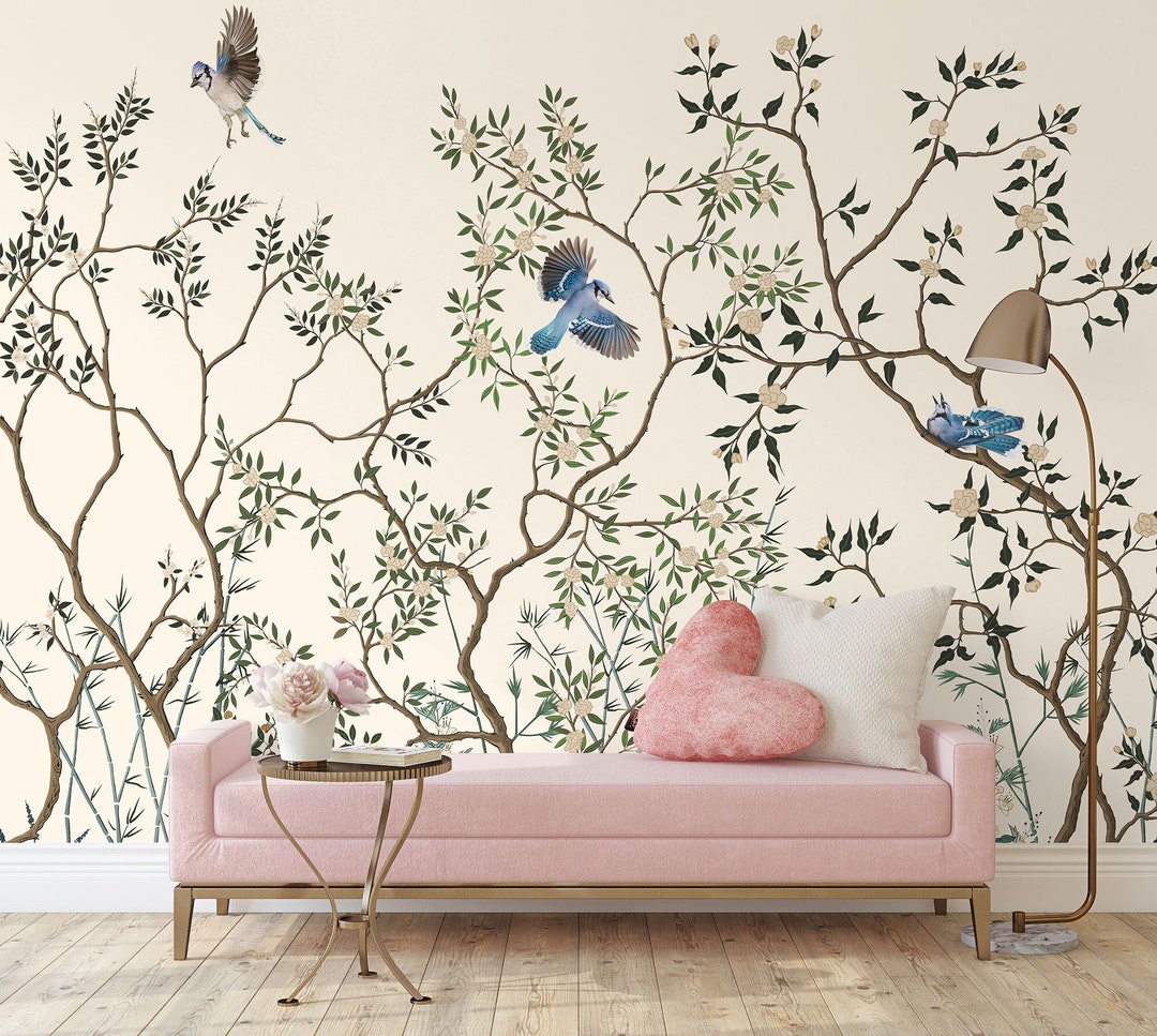 Chinoiserie Blue Birds & Blooming Trees Beige Ivory Wallpaper • Peel ...