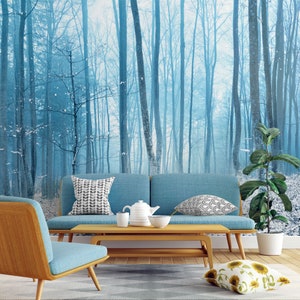 Blue Winter Forest Wallpaper, Tall Trees, Snowy Landscape Wall Mural • Peel and Stick *self adhesive* or Non-Pasted Vinyl Materials •