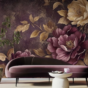Vintage-Tapete mit dunklem Blumenmuster, weinlila und braun, Blumenwandbild • Abziehen und Aufkleben *selbstklebend* oder nicht aufgeklebte Vinylmaterialien •