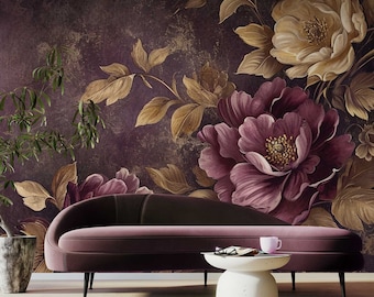 Dark Floral Wine Purple & Brown Vintage Wallpaper, Floral Wall Mural • Peel and Stick *self adhesive* or Non-Pasted Vinyl Materials •