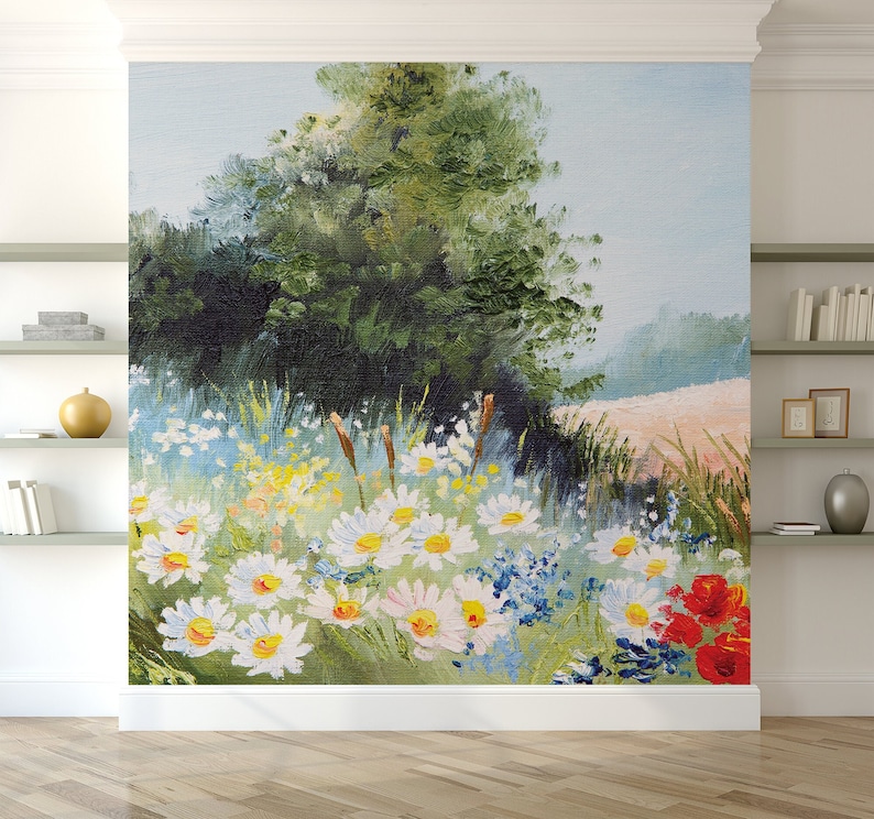 Oil painted floral meadow photo wallpaper, floral landscape mural | Self Adhesive | Peel & Stick | Removable image 1