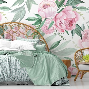 Watercolor pink peony flower wallpaper | Self Adhesive | Peel & Stick | Removable Wallpaper