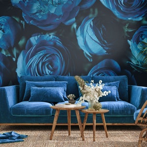 Blue Rose Wallpaper, Dark Floral Wall Mural • Peel and Stick *self adhesive* or Non-Pasted Vinyl Materials •